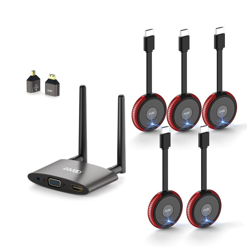 TIMBOOTECH Wireless HDMI Transmitter x 5 and Receiver 4K, Plug & Play, Support HDMI & VGA Dual Screens,165FT/50M, Red