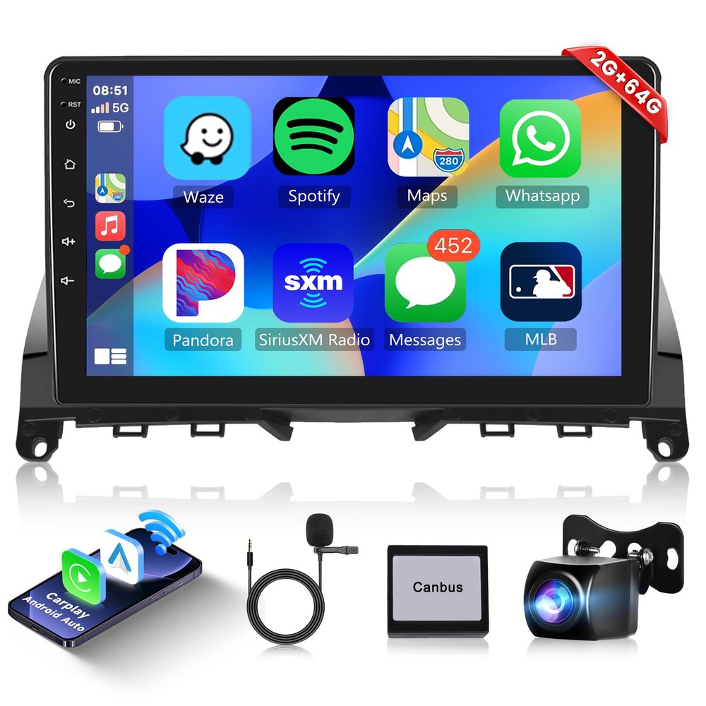 4Core+64G Android 15 Car Stereo for Mercedes Benz C-Class C180 C200 C230 C250 C300 C350 W204 S204 2006-2011, Wireless CarPlay Android Auto 9" Touchscreen Mirror Link WiFi GPS BT FM EQ Backup Camera