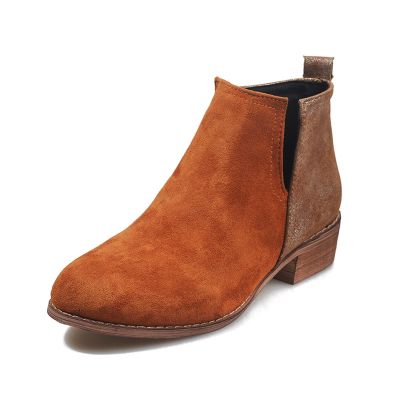 HINDOLA Women's V Cut Out Ankle Boots Almond Toe Low Heel Chunky Block Stacked Heels Ankle Booties Suede Booties Western Booties