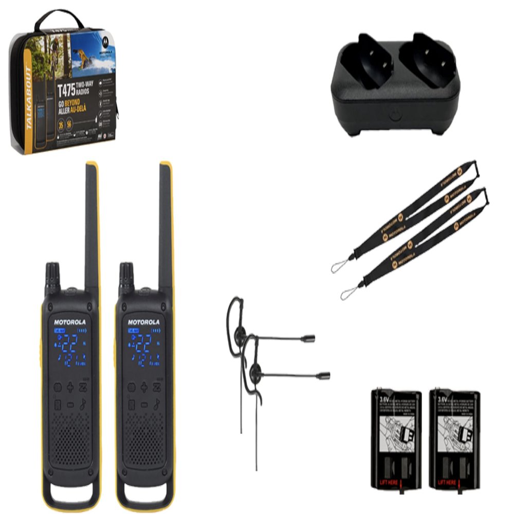 Motorola Solutions Talkabout, Portable FRS, T475 Two Way Radio 2 Pack Walkie Talkies Black/Yellow 22 Channels PTT Earpieces with Additional Dual Drop-in Charger, Yellow/Black, MOT-T475