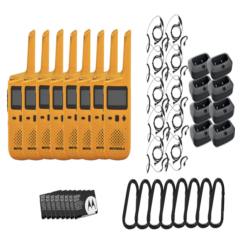 Motorola Solutions, Portable FRS, Talkabout T380 Two Way Radios 8-Pack, Walkie Talkies Yellow 22 Channels 10 PTT Earpieces Rechargeable, MOT-T380
