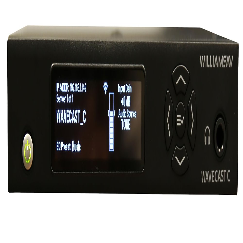 Williams AV WF T5C-00 WaveCAST C Wi-Fi Audio System; Single Channel; 3.12" High-Resolution OLED Display with Selections Buttons; WaveCAST App Compatible with Android and iOS or WAV Pro Wi-Fi Receiver