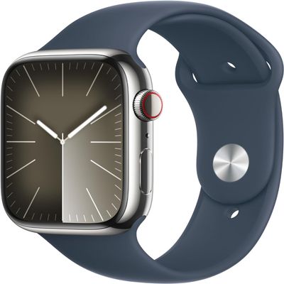 Apple Watch Series 9 [GPS + Cellular, 41mm] - Silver Stainless Steel Case with Storm Blue Sport Band, S/M (Renewed)