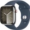 Apple Watch Series 9 [GPS + Cellular, 41mm] - Silver Stainless Steel Case with Storm Blue Sport Band, S/M (Renewed) view 1