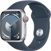 Apple Watch Series 9 [GPS + Cellular 41mm] Silver Aluminum Case with Storm Blue Sport Band, S/M (Renewed) view 1