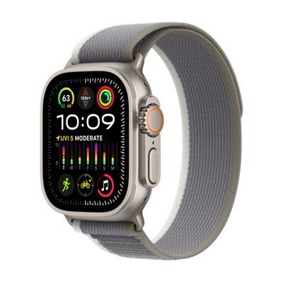 Apple Watch Ultra 2 [GPS + Cellular 49mm] Smartwatch with Rugged Titanium Case & Green/Grey Trail Loop S/M (Renewed)