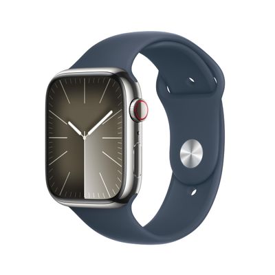 Apple Watch Series 9 [GPS + Cellular, 45mm] - Silver Stainless Steel Case with Storm Blue Sport Band, S/M (Renewed)