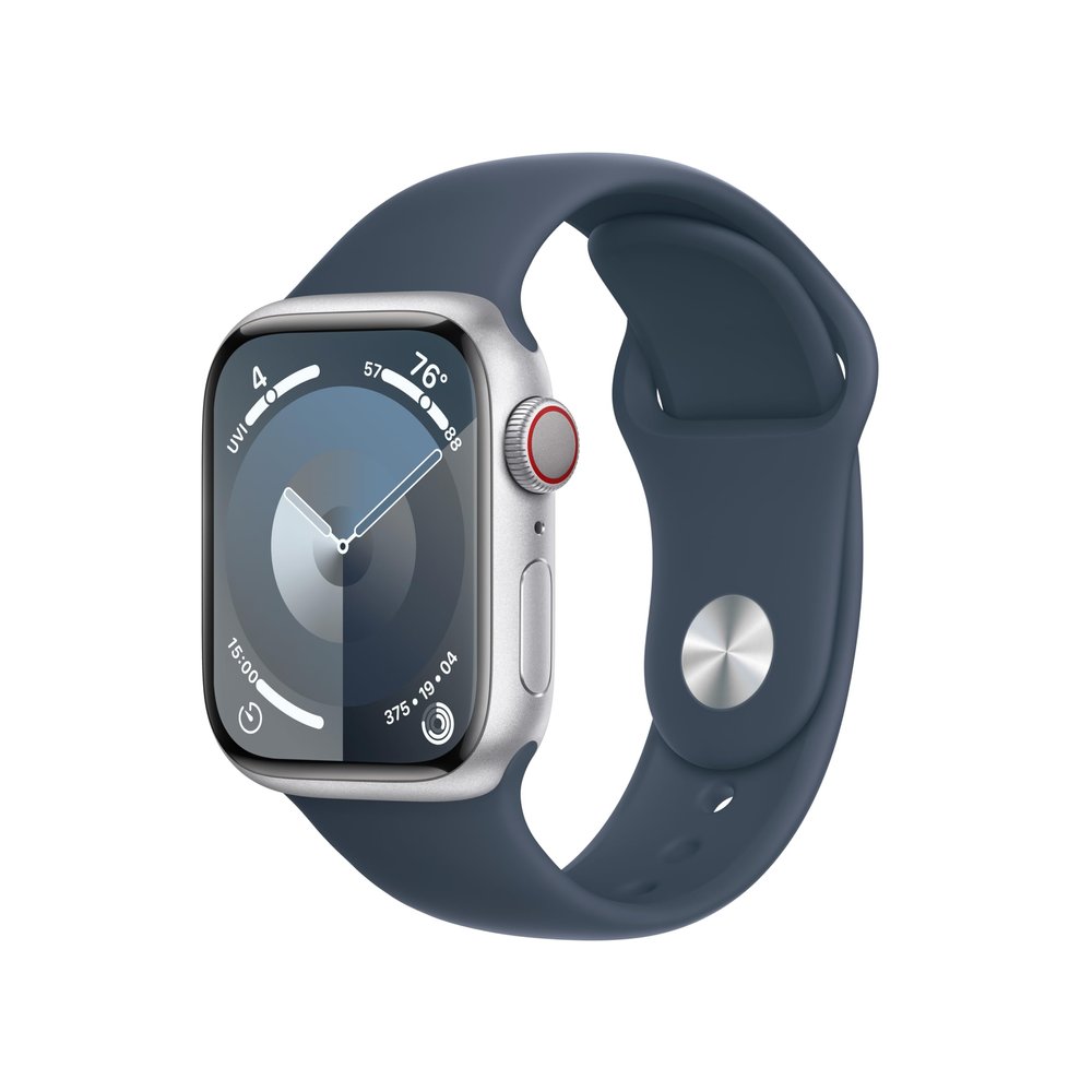 Apple Watch Series 9 [GPS + Cellular, 41mm] - Silver Aluminum Case with Storm Blue Sport Band, M/L (Renewed)