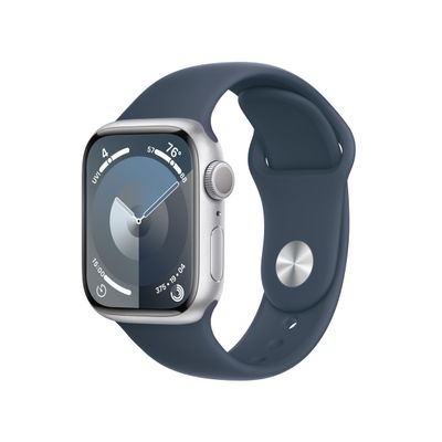 Apple Watch Series 9 [GPS, 41mm] Silver Aluminum Case with Storm Blue Sport Band, S/M (Renewed)