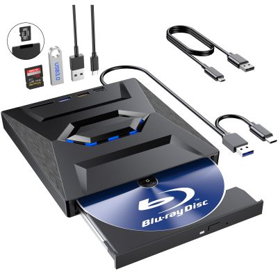 External Blu Ray Drive,Portable Bluray Player Writer Reader,CD Burner with USB 3.0 typc C Port& SD Card,DVD & CD-ROM +/-RW,External Blu-Ray Drives for PC Laptop Desktop Windows Mac Linux Computer