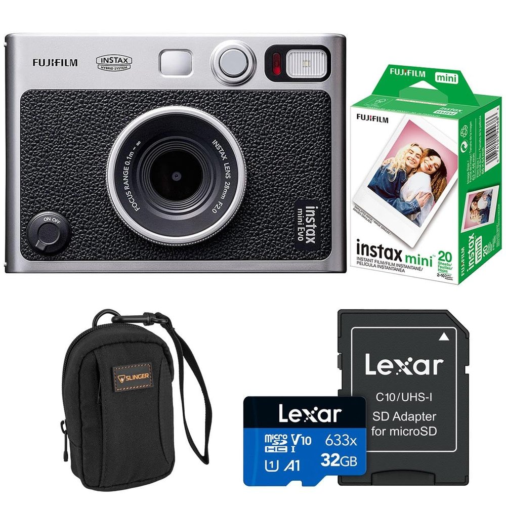 Fujifilm Instax Mini Evo Instant Film Camera + Fujifilm Instax mini Instant Daylight Film 20 Exposures + Slinger Camera Bag + Micro Memory Card with SD Adapter (Essentials Kit, Black)