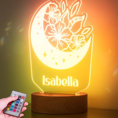 Burst Bird Personalized Baby Gift Name Night Light for Kids Girls Boys Nursery Decor with Flower Acrylic Nursery Night Light ?Includes Remote and Color-Changing, Laser Engraved in The USA
