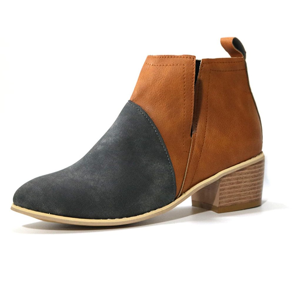 HINDOLA Women's Ankle Boots Slip on Cutout Almond Toe Low Heel Chunky Block Stacked Heels Booties Casual Suede Shoes Chelsea Boots
