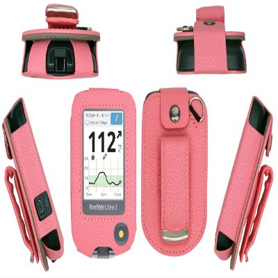 Premium Fitted Leather Case with Screen Protector & Rotatable Belt Clip (Neck Lanyard) for Freestyle Libre 3/ Freestyle Libre 2/14 Days (Pink)
