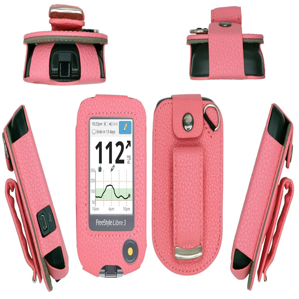 Premium Fitted Leather Case with Screen Protector & Rotatable Belt Clip (Neck Lanyard) for Freestyle Libre 3/ Freestyle Libre 2/14 Days (Pink)