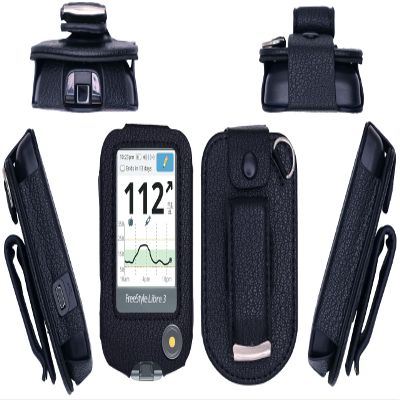 Premium Fitted Leather Case with Screen Protector & Rotatable Belt Clip (Neck Lanyard) for Freestyle Libre 3/ Freestyle Libre 2/14 Days (Black)