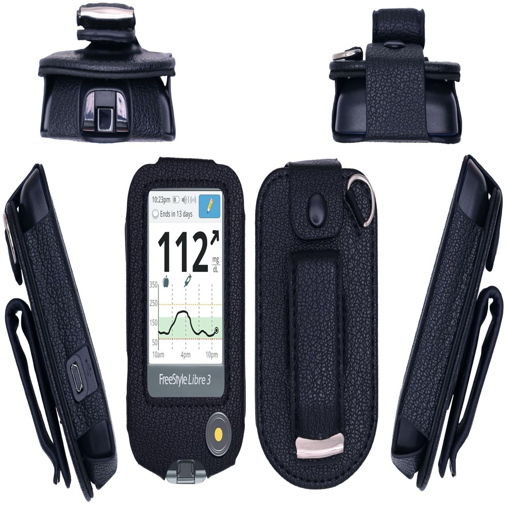 Premium Fitted Leather Case with Screen Protector & Rotatable Belt Clip (Neck Lanyard) for Freestyle Libre 3/ Freestyle Libre 2/14 Days (Black)