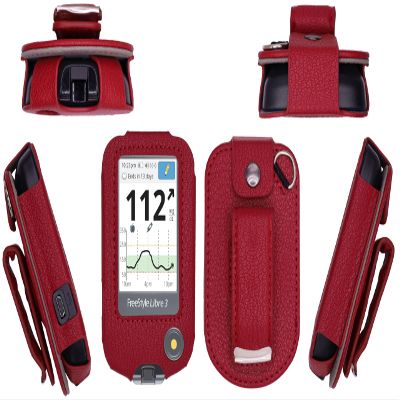 Premium Fitted Leather Case with Screen Protector & Rotatable Belt Clip (Neck Lanyard) for Freestyle Libre 3/ Freestyle Libre 2/14 Days (Red)