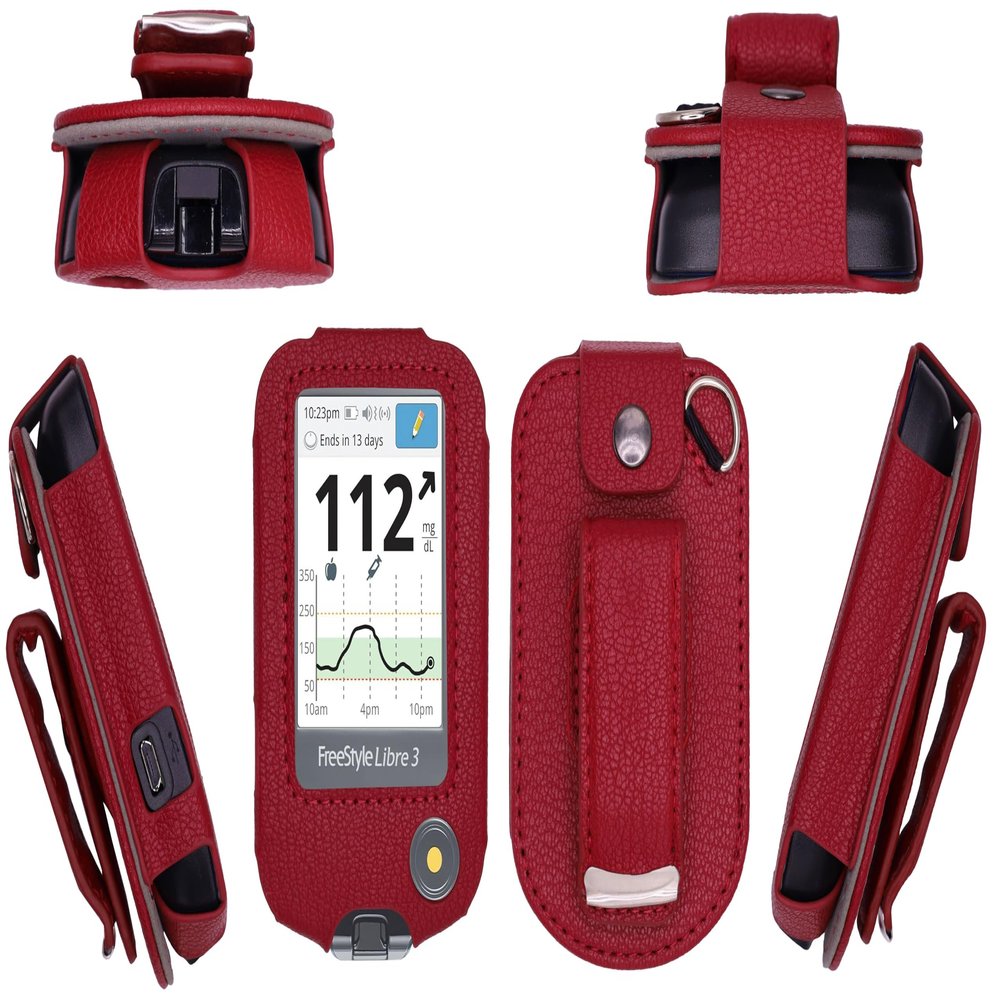 Premium Fitted Leather Case with Screen Protector & Rotatable Belt Clip (Neck Lanyard) for Freestyle Libre 3/ Freestyle Libre 2/14 Days (Red)
