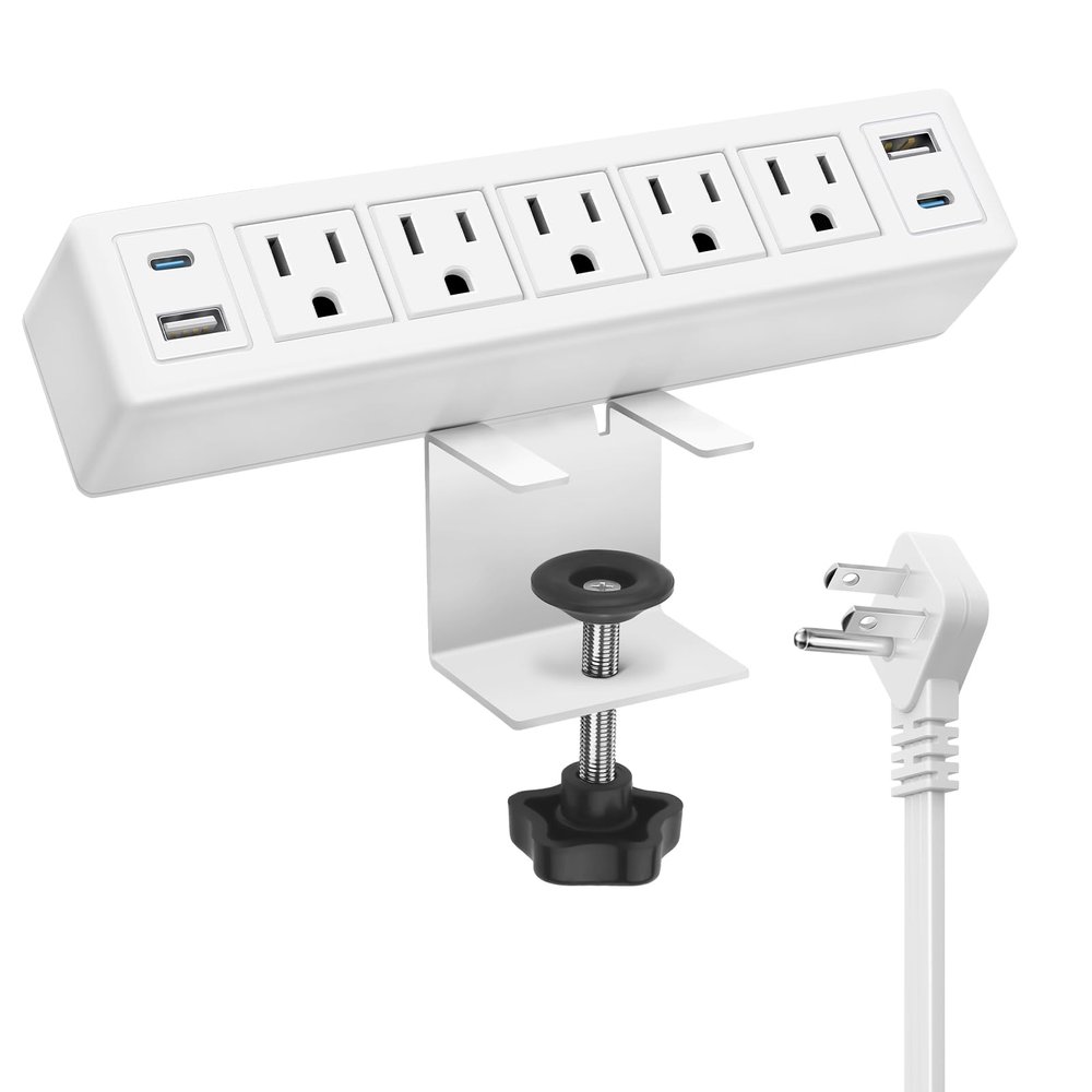 40W Total Fast Charging Desk Clamp Power Strip USB C,Desk Outlet with 4 USB Ports Max 20W Power Delivery,1200J Surge Protector Desktop Power Station,6FT Cord,Fit 1.65" Tabletop Edge