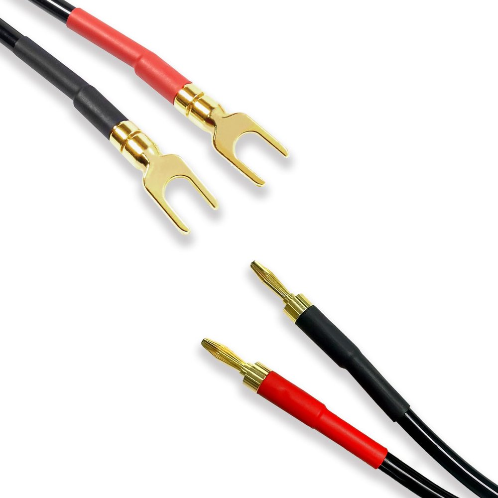 Meamaz 1 Pack 6.56FT 2-Male Y Fork Spade to 2-Male Banana Plug Speaker Cable OFC 12 Gauge Wire and Heavy Duty Nylon Braided U-Shaped Banana Cable Use for Speaker AMP Home Theater Car and More