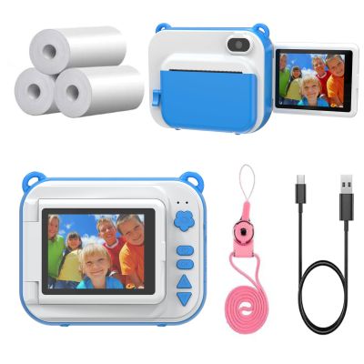 Instant Print Digital Camera with 2.4'' Screen for Kids 3-12 Years-HD 1080P Vdeio &12MP Photo,3 Rolls of Paper,Lanyard,Game and MP3 for Children's Birthday, Toys. (Blue)