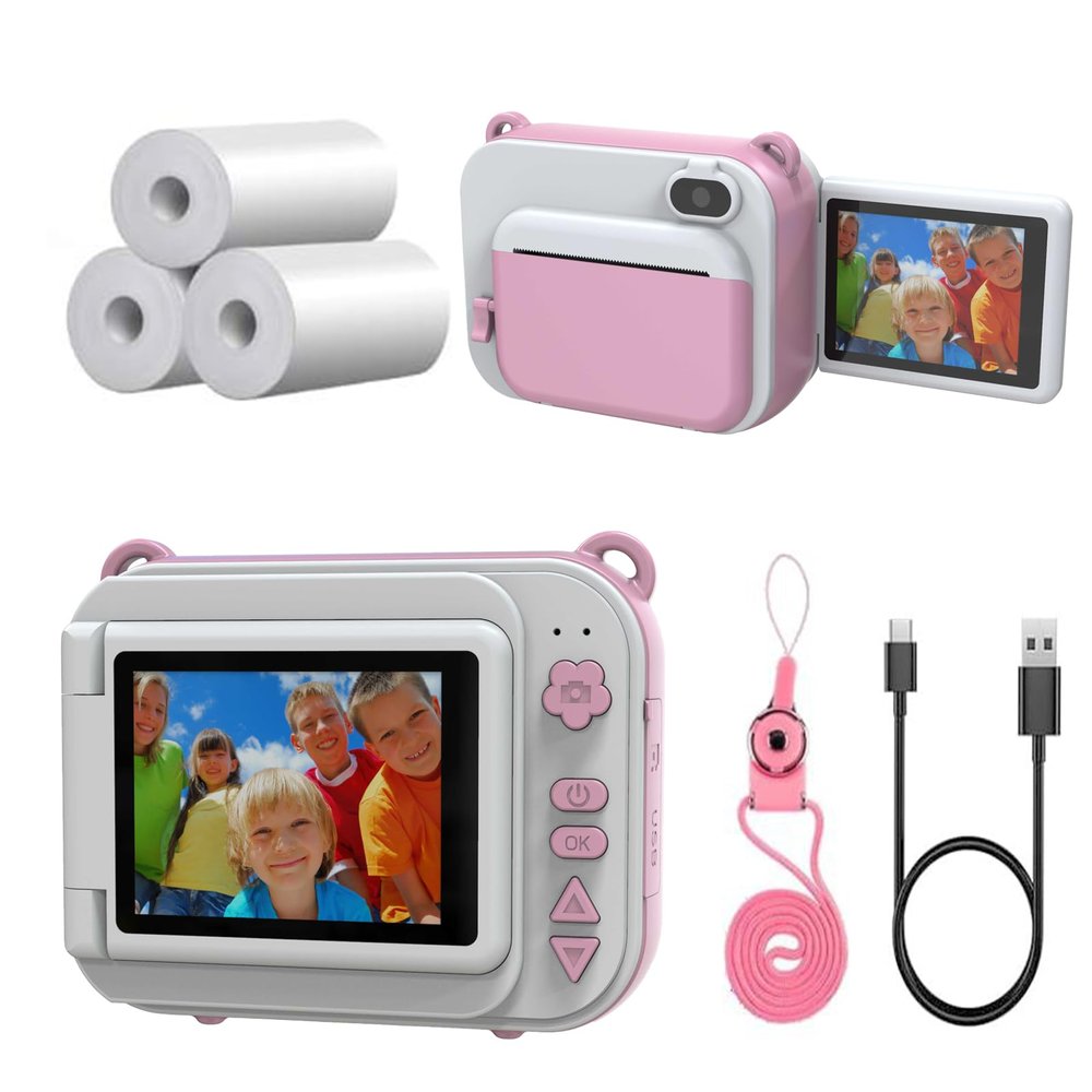 Instant Print Digital Camera with 2.4'' Screen for Kids 3-12 Years-HD 1080P Vdeio &12MP Photo,3 Rolls of Paper,Lanyard,Game and MP3 for Children's Birthday, Toys. (Pink)