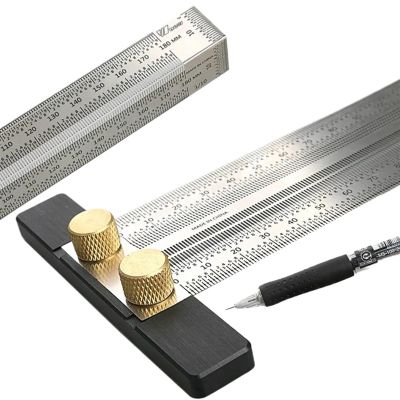 Woodworking Scribe Scale Ruler T-Type Hole Ruler Stainless Woodworking Scribing Mark Line Gauge Carpenter Measuring Tool (Color : Gold 200mmT-ruler)