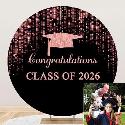 OERJU Graduation Round Backdrop Cover Class of 2026 Backdrop Rose Gold and Black Glitter Bokeh Congratulation Graduation Decoration Background Congrats Grad Prom Party Supplies Photo Booth Props 7.2ft