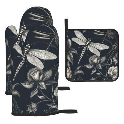 3 pcs Oven Mitts and Pot Holders Set High Heat Resistant Oven Glove and Hot Pads Washable Kitchen Oven Mittens Black Flowers and Dragonfly Non-Slip Potholder for Cooking Baking Grilling