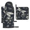 3 pcs Oven Mitts and Pot Holders Set High Heat Resistant Oven Glove and Hot Pads Washable Kitchen Oven Mittens Black Flowers and Dragonfly Non-Slip Potholder for Cooking Baking Grilling view 1