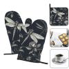 3 pcs Oven Mitts and Pot Holders Set High Heat Resistant Oven Glove and Hot Pads Washable Kitchen Oven Mittens Black Flowers and Dragonfly Non-Slip Potholder for Cooking Baking Grilling view 2