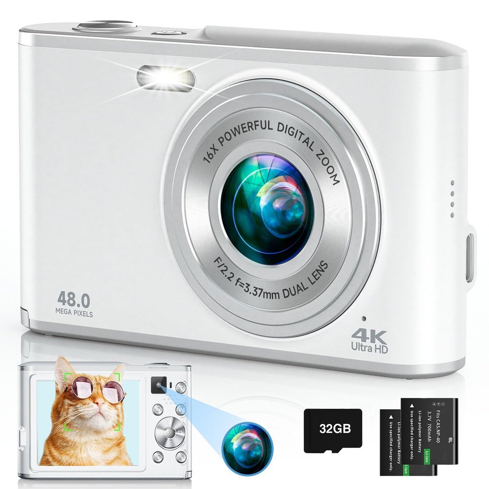 4K Digital Camera, 48MP Autofocus Kids Camera Selfie with Front and Rear Dual Lenses, 32GB Card, 2 Batteries, 16X Digital Zoom, Compact Travel Vlogging Video Camera for Kid Teen Beginner(Pure White)