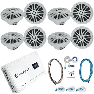 Rockville RM-PREMIUM-65 White Bundle: (8) 6.5" 600W Peak/150W RMS Marine Boat Speakers, Atom 8W 8-Channel Bluetooth Amplifier, (3) MRCA25 25 ft Marine RCA Cables, RMWK4 4 AWG Install Kit, 13-Items