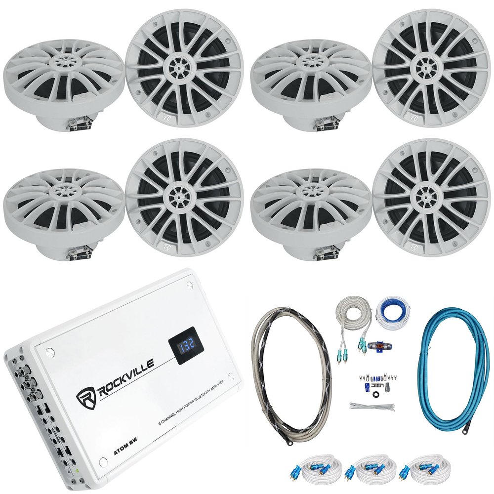 Rockville RM-PREMIUM-65 White Bundle: (8) 6.5" 600W Peak/150W RMS Marine Boat Speakers, Atom 8W 8-Channel Bluetooth Amplifier, (3) MRCA25 25 ft Marine RCA Cables, RMWK4 4 AWG Install Kit, 13-Items