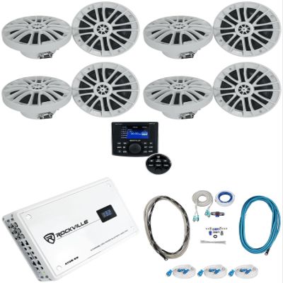 Rockville RM-PREMIUM-65 White Bundle: (8) 6.5" Marine Speakers 600W Peak/150W RMS Per Pair 75W RMS Each, Atom 8W Amplifier, RGHR-ZA 4-Zone Receiver, (3) MRCA25 RCA Cables, RMWK4 Wiring Kit, 14-Items