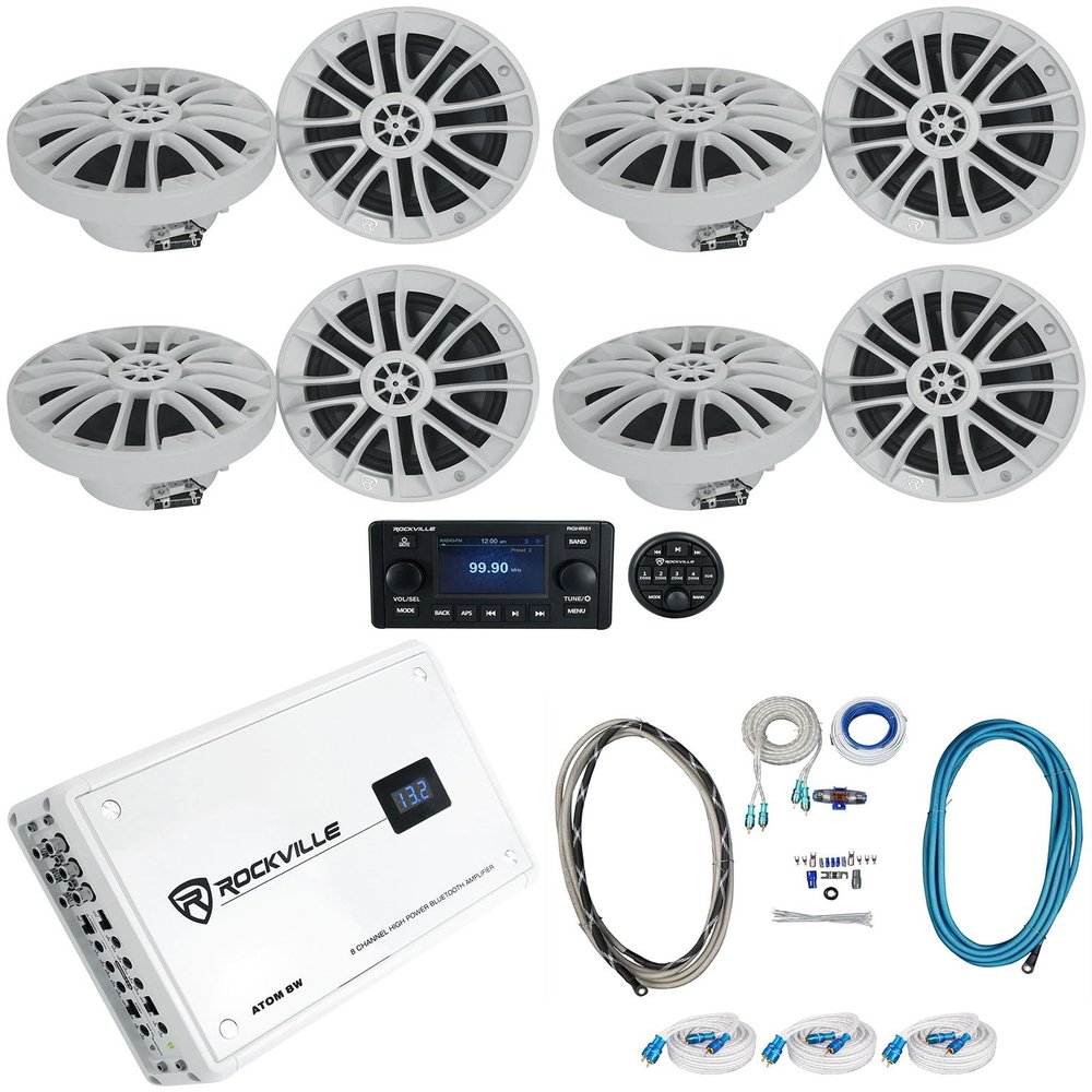 Rockville RM-PREMIUM-65 White Bundle: (8) 6.5" 600W Peak/150W RMS Marine Speakers, Atom 8W 8-Ch Bluetooth Marine Amplifier, RGHR51 5-Zone Receiver, (3) MRCA25 25' RCA Cables, RMWK4 Wire Kit, 14-Items