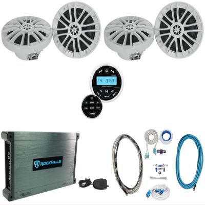 Rockville RM-PREMIUM-65 White Bundle: (2) Pair of 6.5" Marine Boat Speakers, RGHR2 Receiver with Bluetooth USB, DBM45 4-Channel Marine Amplifier, RMWK4 4 AWG Wire Kit, MRCA25 25' RCA Cable, 6-Items