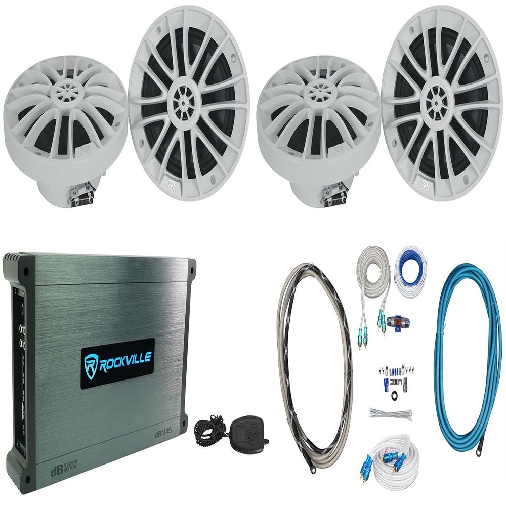 Rockville RM-PREMIUM-65 Bundle: (2) Pair 6.5" Marine Boat Speakers, DBM45 4-Channel 2000W Peak 500W RMS Amplifier, RMWK4 4 AWG Wire Kit, MRCA25 25 ft RCA Cable, 5-Items