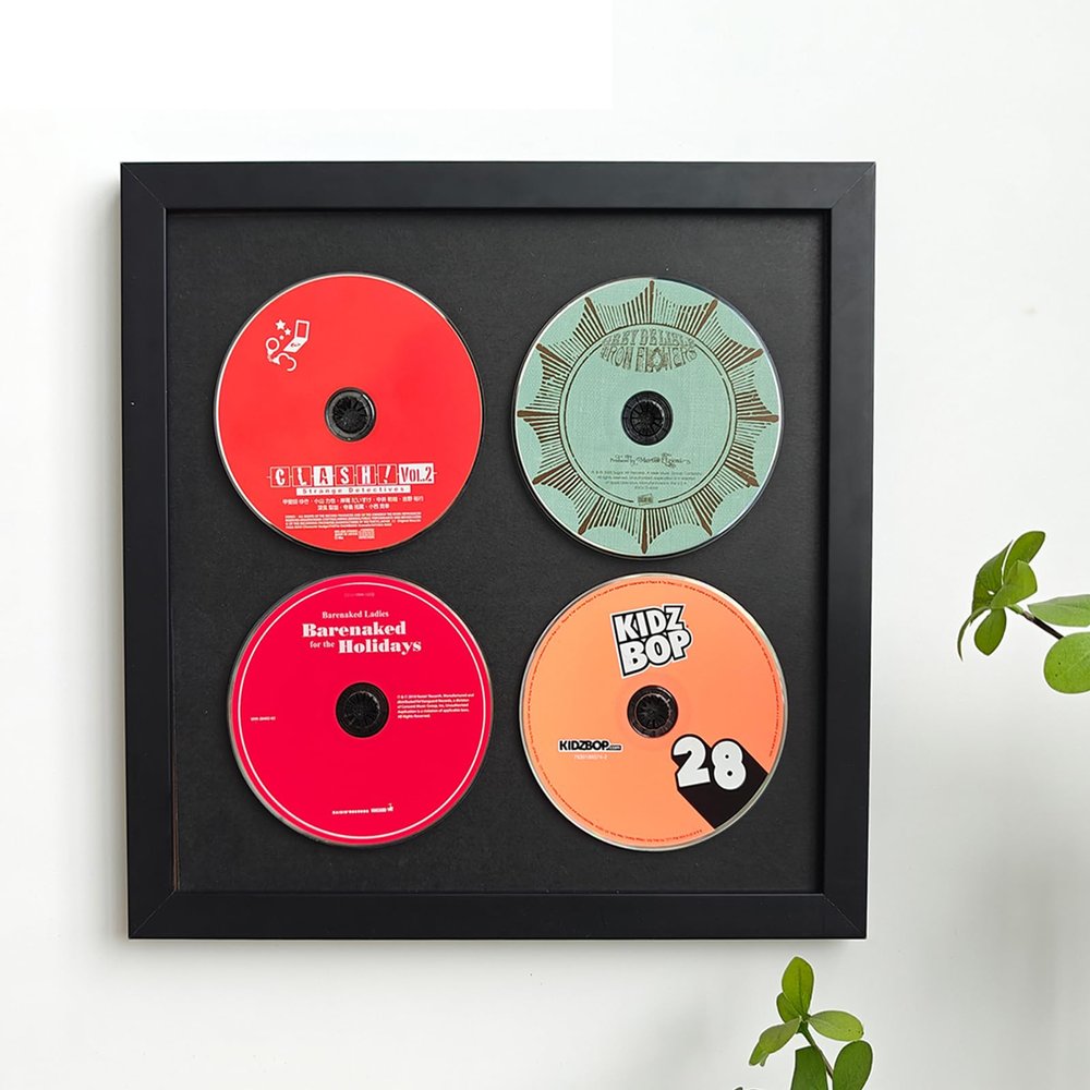 JIANGPAI Wall record rack,Music album box,CD music box,CD case solid wood frame.Black Frame 13" x 13" Music Frame Display Case with for 4 5.5"x5.5" album cover sleeves or 12"x12" vinyl record