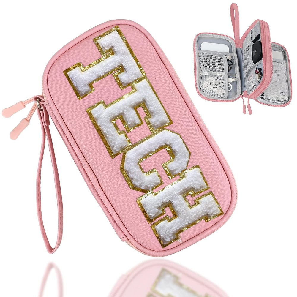 COSHAYSOO Personalized Electronics Travel Organizer Cable Management Case Phone Charger Charging Cords Tech Accessories Pouch, Unique Trip Gifts for Women Traveler College Teen Girls Vacation Pink