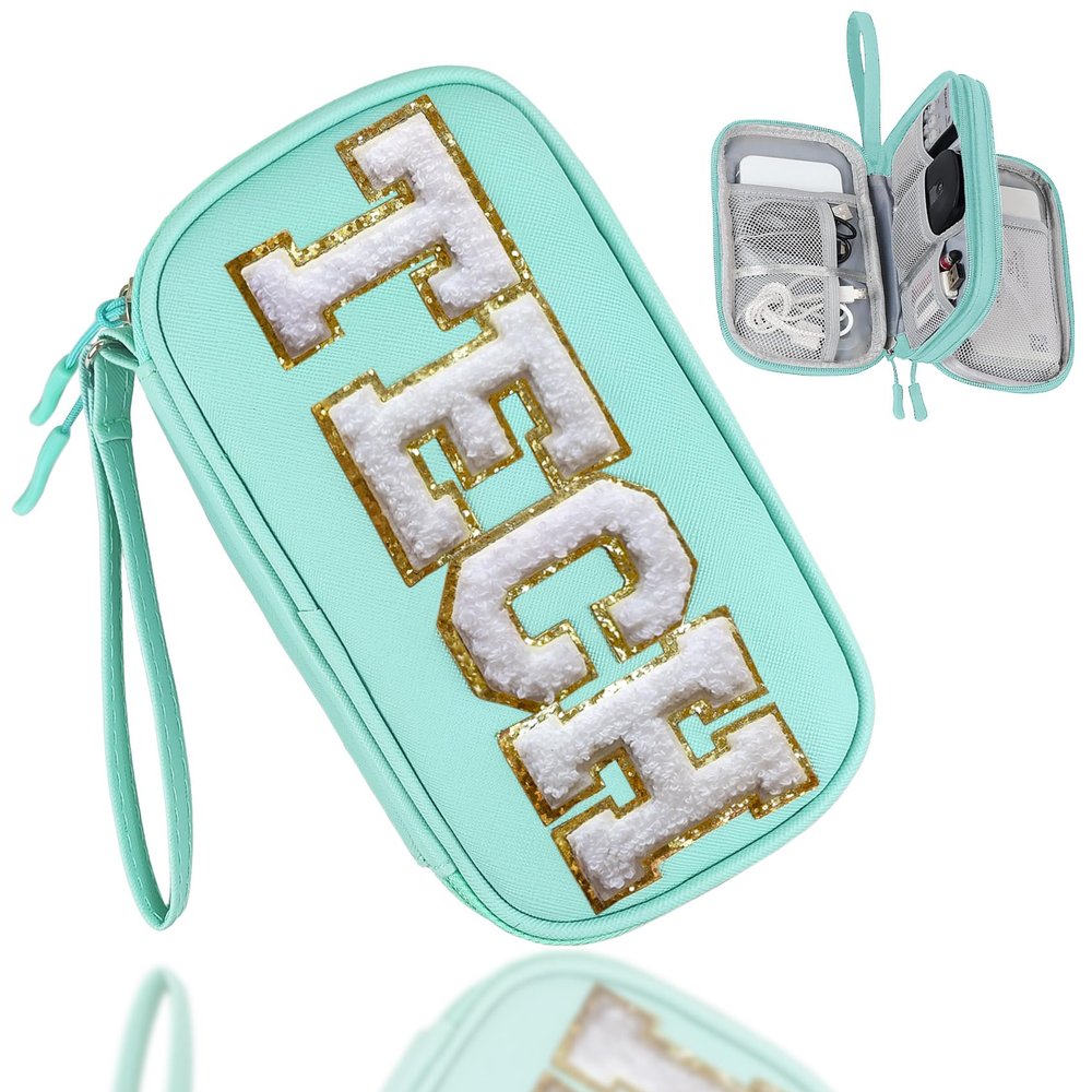COSHAYSOO Electronics Organizer Bag Travel with Chenille Letter Patch Traveling Must Have Accessories Cute Personalized Gift for Women Cable Cord Charger Storage Pouch (Teal Blue)
