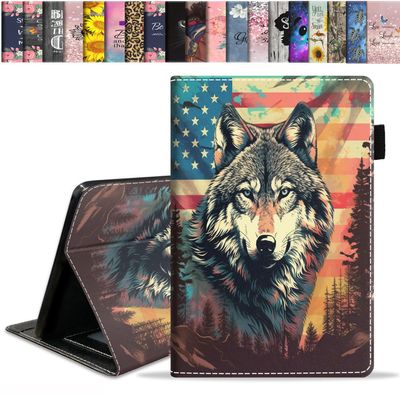 stmedazm Case for All-New Amazon Kindle Fire 7 Tablet (7 Inch, 9th/7th Generation, 2019/2017 Release), Slim Folding Stand Folio Cover with Card Slot & Auto Wake/Sleep - American Flag Wolf