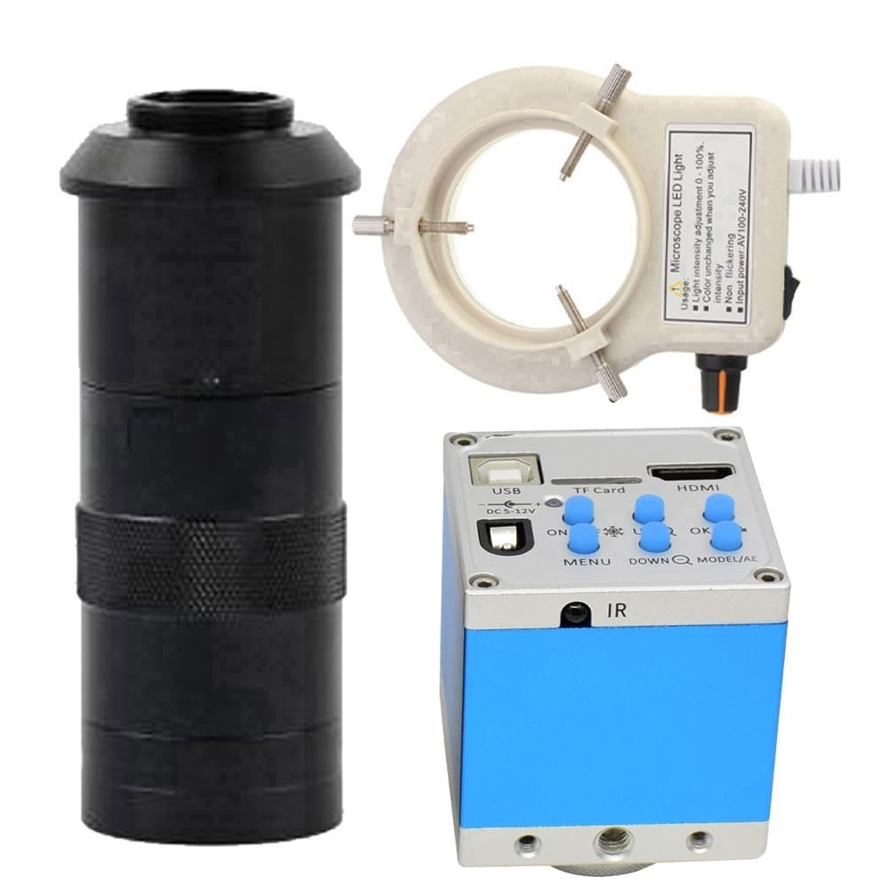 21MP HD HDMI USB Microscope Camera Video Digital Microscope Camera & 100X C-Mount Lens Whit 56-LED Adjustable Ring Light