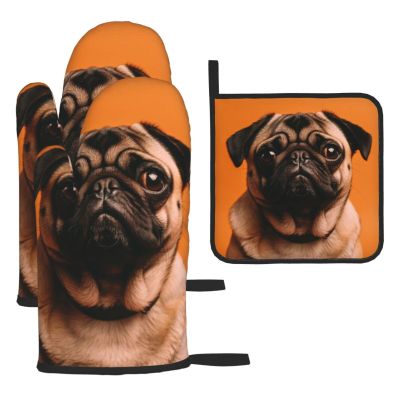 3 pcs Oven Mitts and Pot Holders Set High Heat Resistant Oven Glove and Hot Pads Washable Kitchen Oven Mittens A Pug Non-Slip Potholder for Cooking Baking Grilling