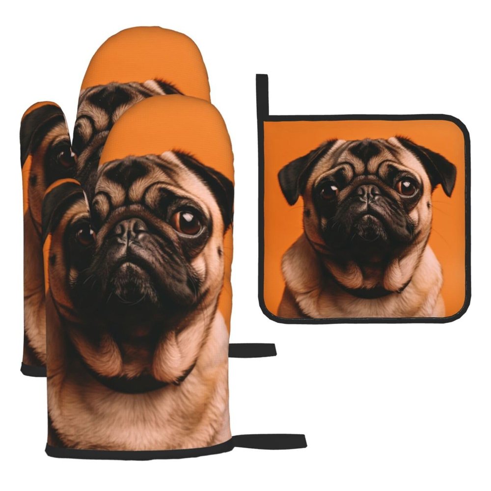 3 pcs Oven Mitts and Pot Holders Set High Heat Resistant Oven Glove and Hot Pads Washable Kitchen Oven Mittens A Pug Non-Slip Potholder for Cooking Baking Grilling