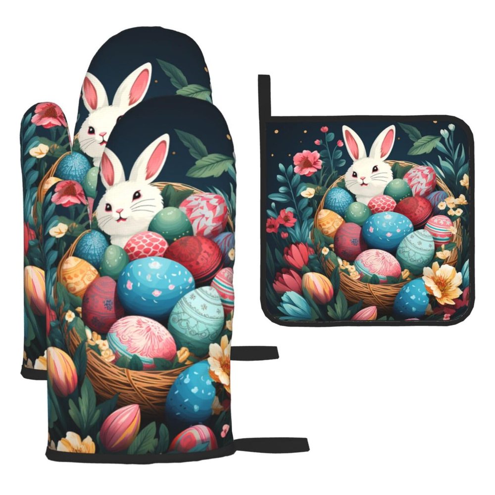 3 pcs Oven Mitts and Pot Holders Set High Heat Resistant Oven Glove and Hot Pads Washable Kitchen Oven Mittens Basket and Easter Eggs Non-Slip Potholder for Cooking Baking Grilling