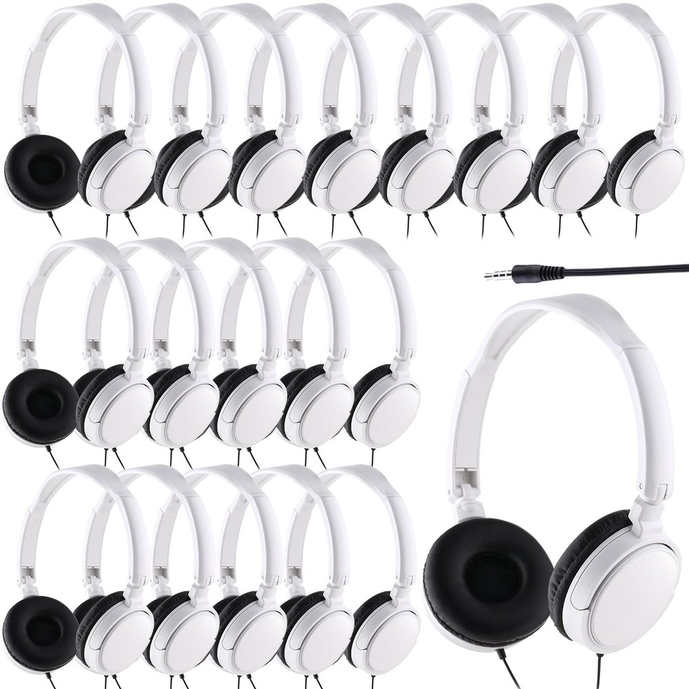Yunsailing 18 Pack Classroom Headphones Bulk Student Wired Class Headphones Set for School with Individually Wrapped Adjustable Over Ear Head Earbuds (White)