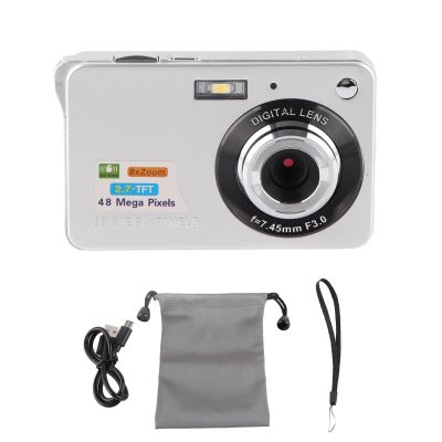 4K Digital Camera, 48MP 2.7in LCD Display Video Camera, 8X Mini Compact Camera for Teens Students Boys Girls (Sier)