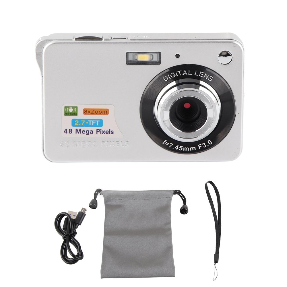 4K Digital Camera, 48MP 2.7in LCD Display Video Camera, 8X Mini Compact Camera for Teens Students Boys Girls (Sier)